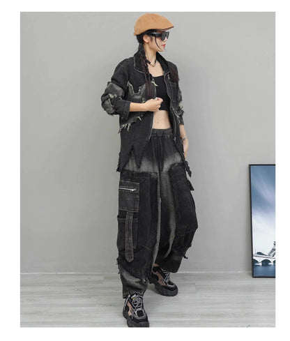 Trendy Cool Pant Set Women Autumn Vintage Denim Patchwork Long Sleeve Irregular Jacket + Harem Pants Two-Piece Set LX4331 Badiee Stylez