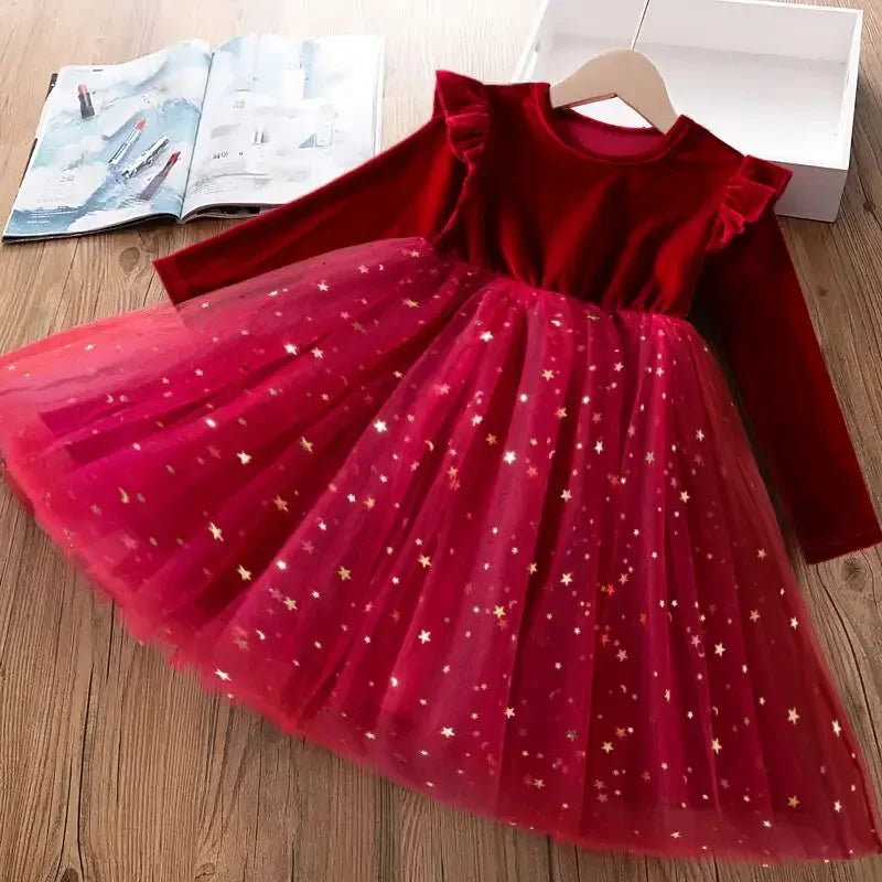 2025 Red Christmas Dress for Baby Girls Winter Long Sleeve Mesh Dresses for 3-8Yrs Kid Star Sequin Birthday Party Princess Dress Red