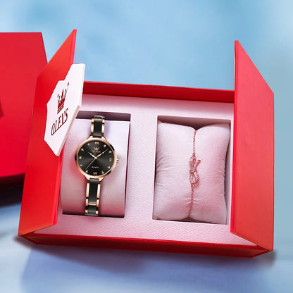 OLEVS 5872 Women Watch Elegant Luxury Original Quartz Watch Waterproof Luminous Ceramic Strap Watches For Women Bracelet Set Rose Black-Set CHINA Yes