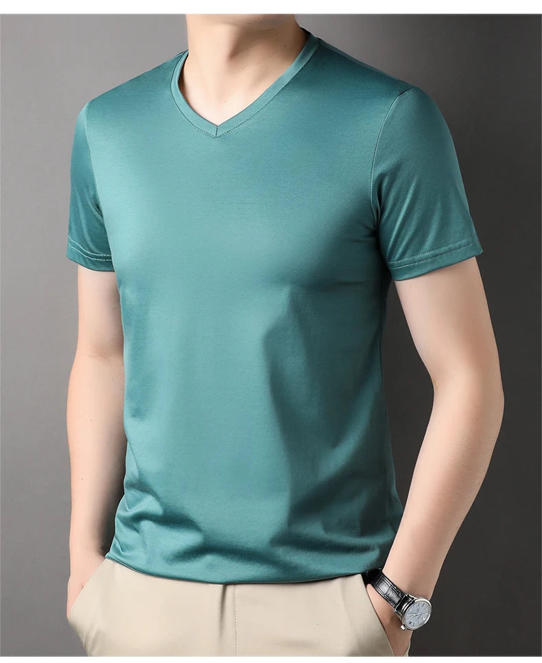 Top Grade 1.7% Mulberry Silk New Brand Tops Round Neck t Shirts For Men 2025 Summer Short Sleeve Casual Fashion Mens Clothing