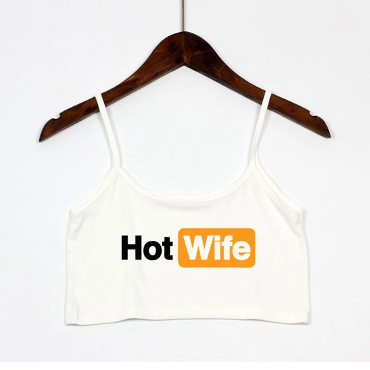 HOT WIFE Letters Print Female Sexy Crop Top Fashion Women's Sexy Elastic Cotton Camis Sleeveless Short Girls Tank Top Bar Women