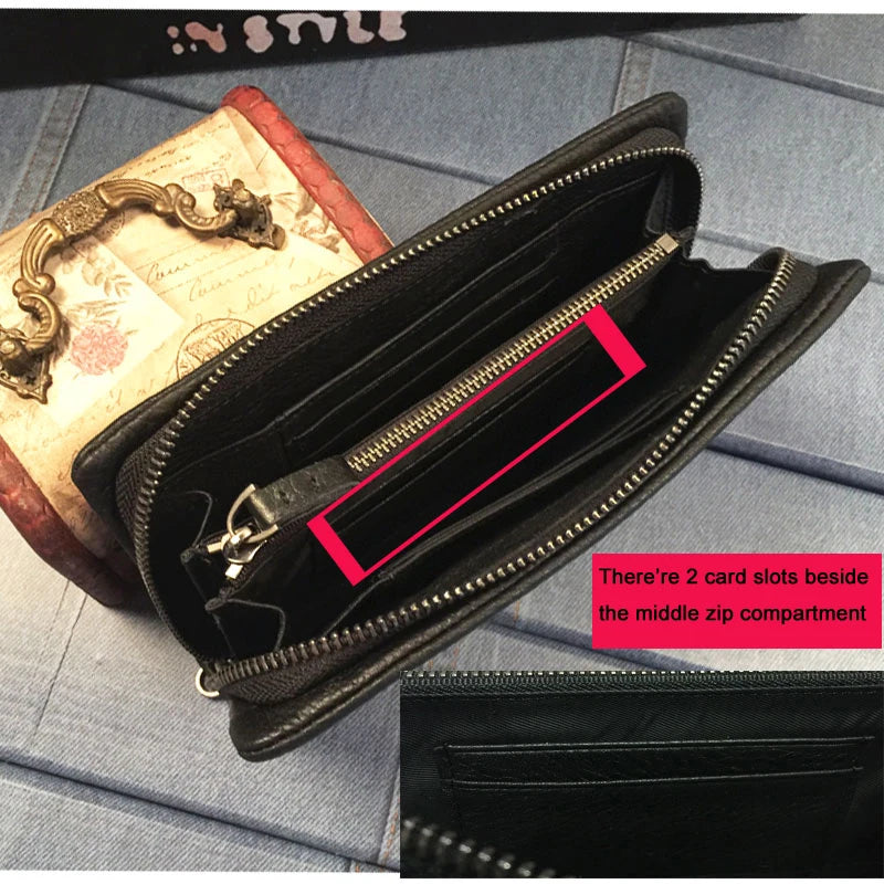 Vintage Genuine leather wallet Men leather long wallet men purse clutch bag male money clips zip around money bag card holder