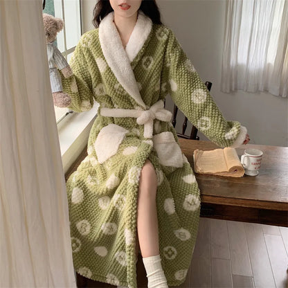 Women's Pajamas Cute Pijama Winter Sleepwear Warm Robe Sets Long Home Wear Bathrobe Plus Velvet Warmth Coral Fleece Nightgown green