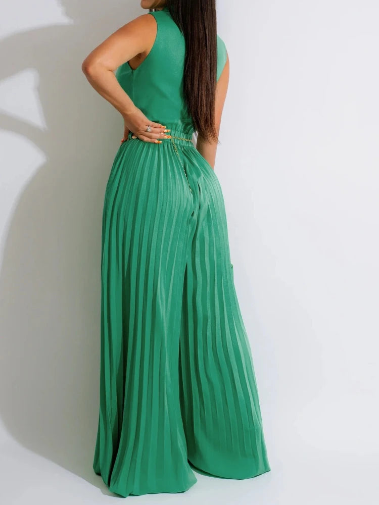 Elegant Solid Wide Leg Rompers Fashion High Waisted Lace Up Party Lady Play Suits Women Chic Sleeveless V Neck Jumpsuits