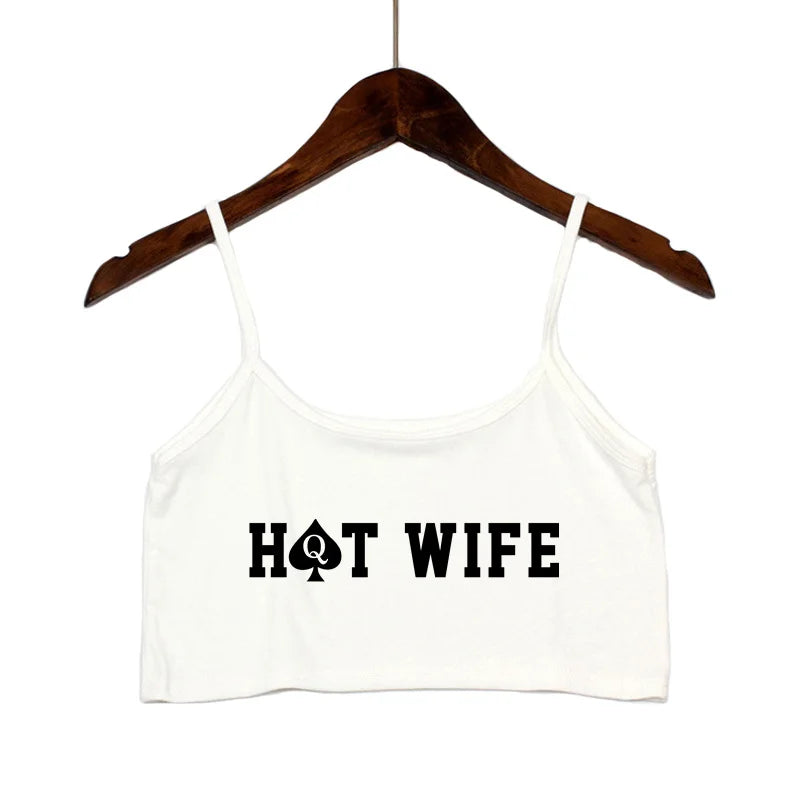 HOT WIFE Letters Print Female Sexy Crop Top Fashion Women's Sexy Elastic Cotton Camis Sleeveless Short Girls Tank Top Bar Women