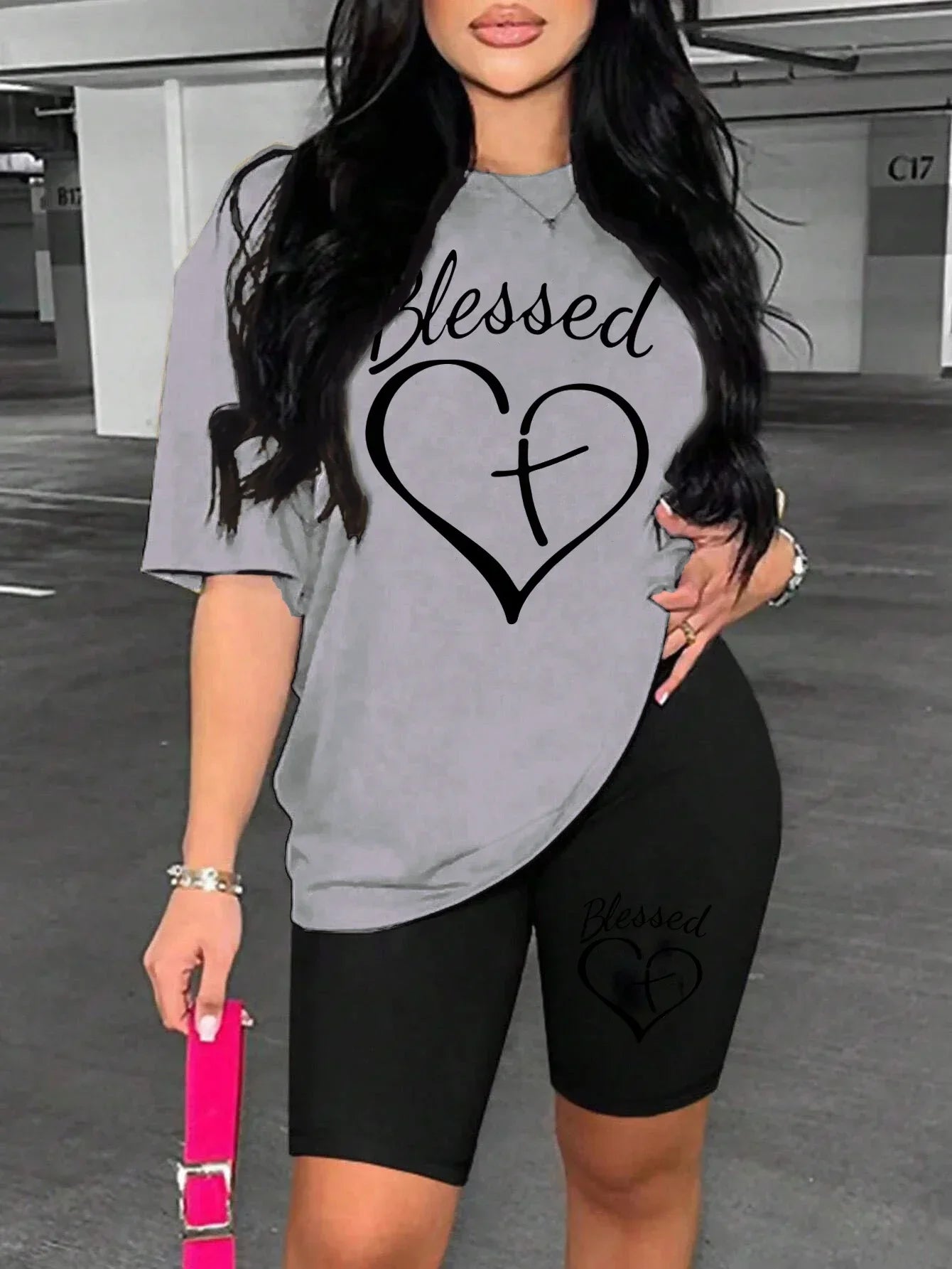 Black Line Heart Pattern Print Two Piece Set Machine Washable Basics For Women Short Sleeve Suit Casual Breathable Shorts Sets Badiee Stylez