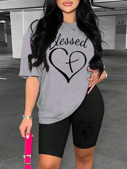 Black Line Heart Pattern Print Two Piece Set Machine Washable Basics For Women Short Sleeve Suit Casual Breathable Shorts Sets Badiee Stylez