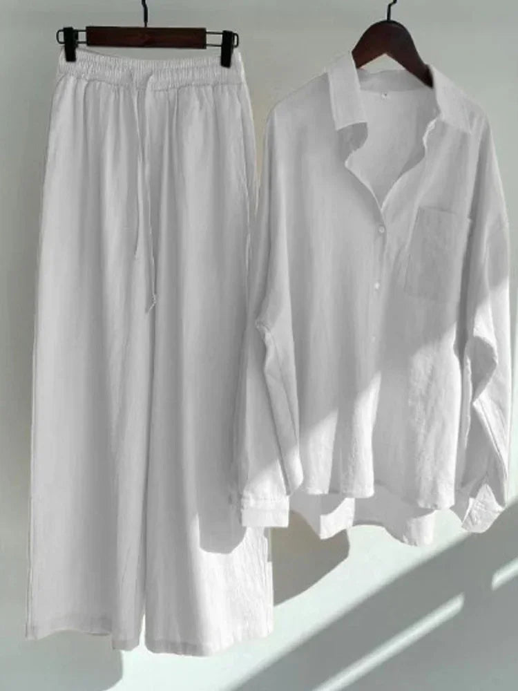Pants Set Women Shirts Wide Leg Elastic Waist Cotton Linen Casual Sets Elegant Loose Long Sleeve Lapel Spring Shirt Y2k Suit White Set