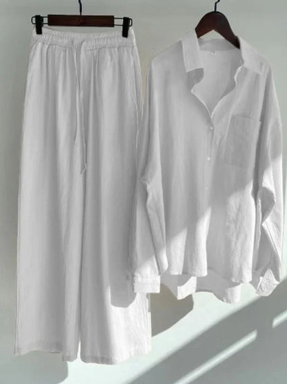 Pants Set Women Shirts Wide Leg Elastic Waist Cotton Linen Casual Sets Elegant Loose Long Sleeve Lapel Spring Shirt Y2k Suit White Set