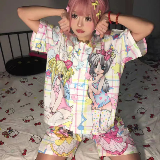 Sweet Soft Y2k Girl Fashion Anime Sleepwear Women's Summer New Cute Cartoon Thin Home Set Japanese Style Harajuku Kawaii Pajamas A