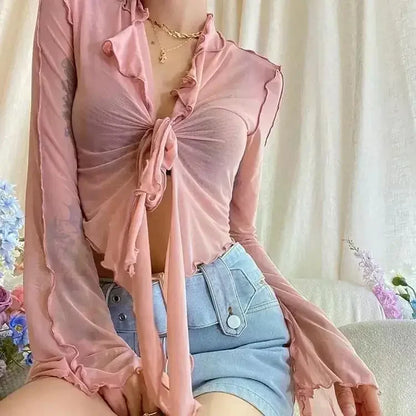 Long Flare Sleeve Sexy Sweet Hot Girls Korean Blouses for Women Lace-up Mesh Fashion Style All-match Solid Design Elegant Casual