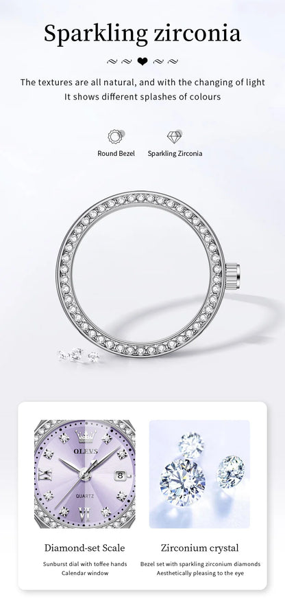 OLEVS 5628 Women Watch Luxury Elegant Quartz Watch Stainless Steel Waterproof Luminous Diamond Bezel Ladies Watch Bracelet Set