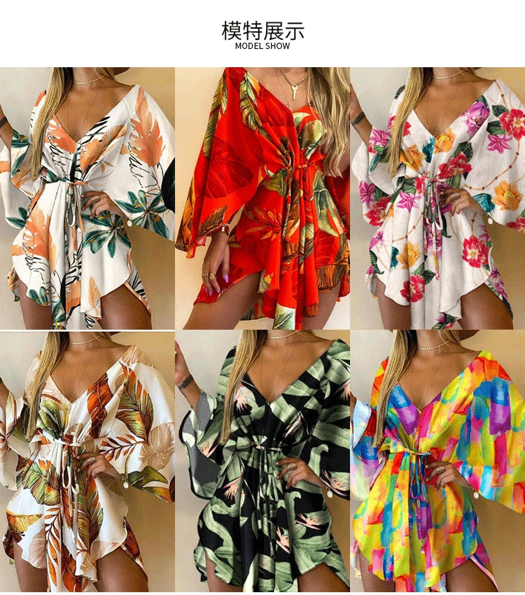 Sexy Women Mini Dress Floral Print V Neck 3/4 Bat Sleeve Lace Up Irregular Hem Casual Loose Beach Cover Up Dress Vestido Mujer