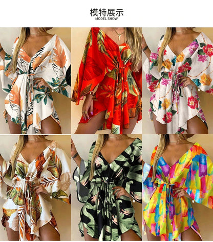 Sexy Women Mini Dress Floral Print V Neck 3/4 Bat Sleeve Lace Up Irregular Hem Casual Loose Beach Cover Up Dress Vestido Mujer