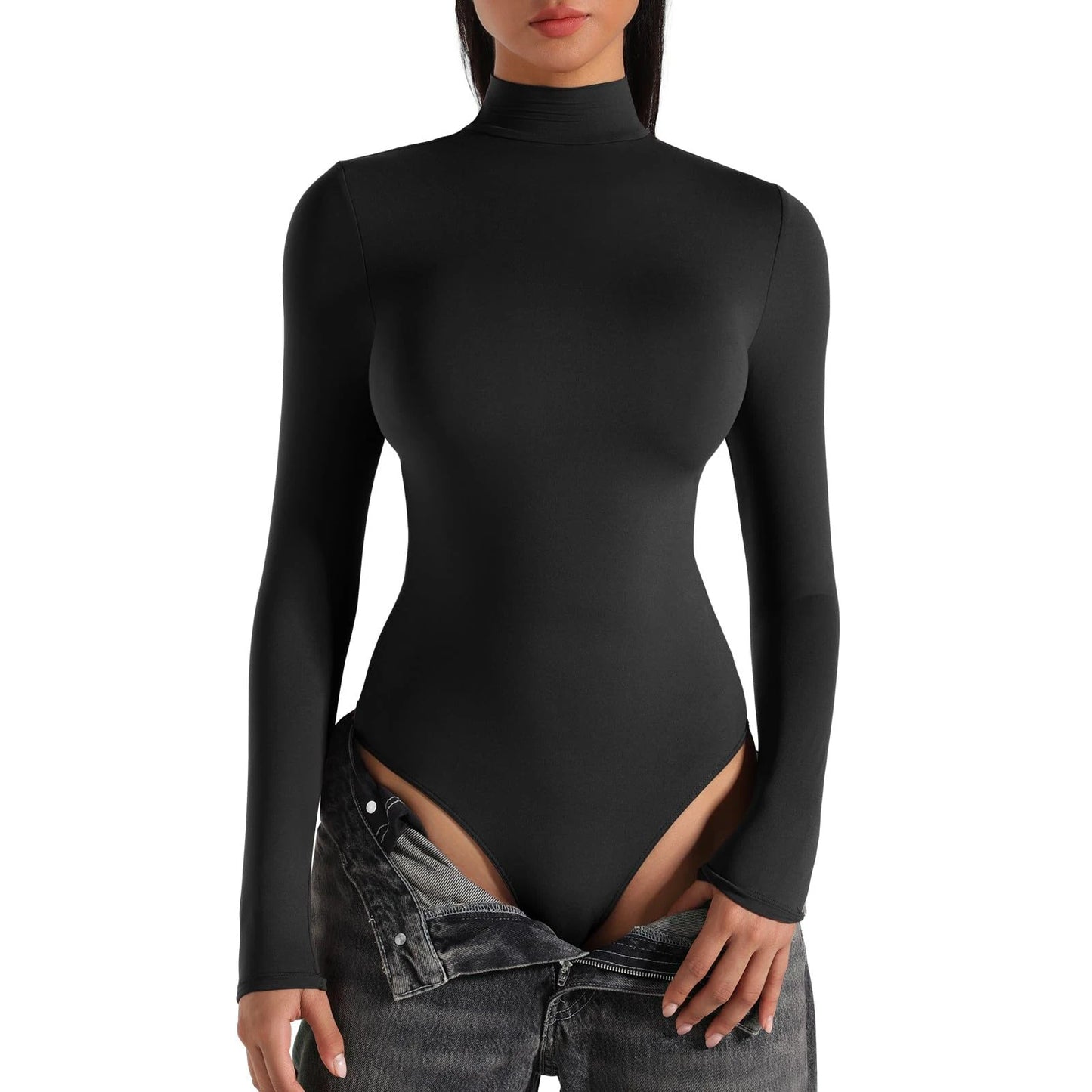 Women's Turtle Neck Long Sleeve Bodysuits Basic Slim Fit Double Lined Lightweight Layering Fall Winter Tops black