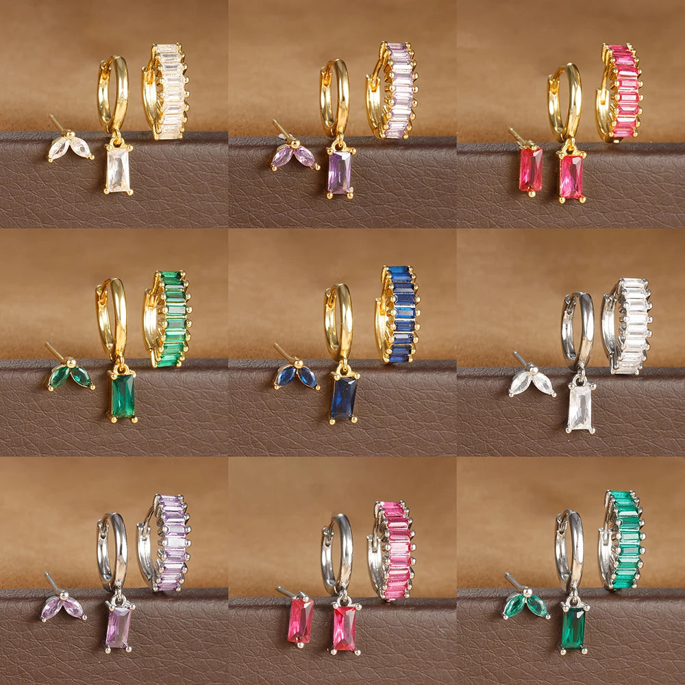 3PCS Stainless Steel Square Earrings Sets for Women Vintage Zircon Pendant Geometry Round Circle Hoop Earrings Piercing Jewelry