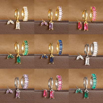 3PCS Stainless Steel Square Earrings Sets for Women Vintage Zircon Pendant Geometry Round Circle Hoop Earrings Piercing Jewelry