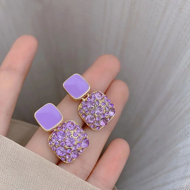 New Purple Crystal Pendants Women Dangle Earrings Korean Fashion Elegant Drop Earrings Square Statement boucles d'oreilles