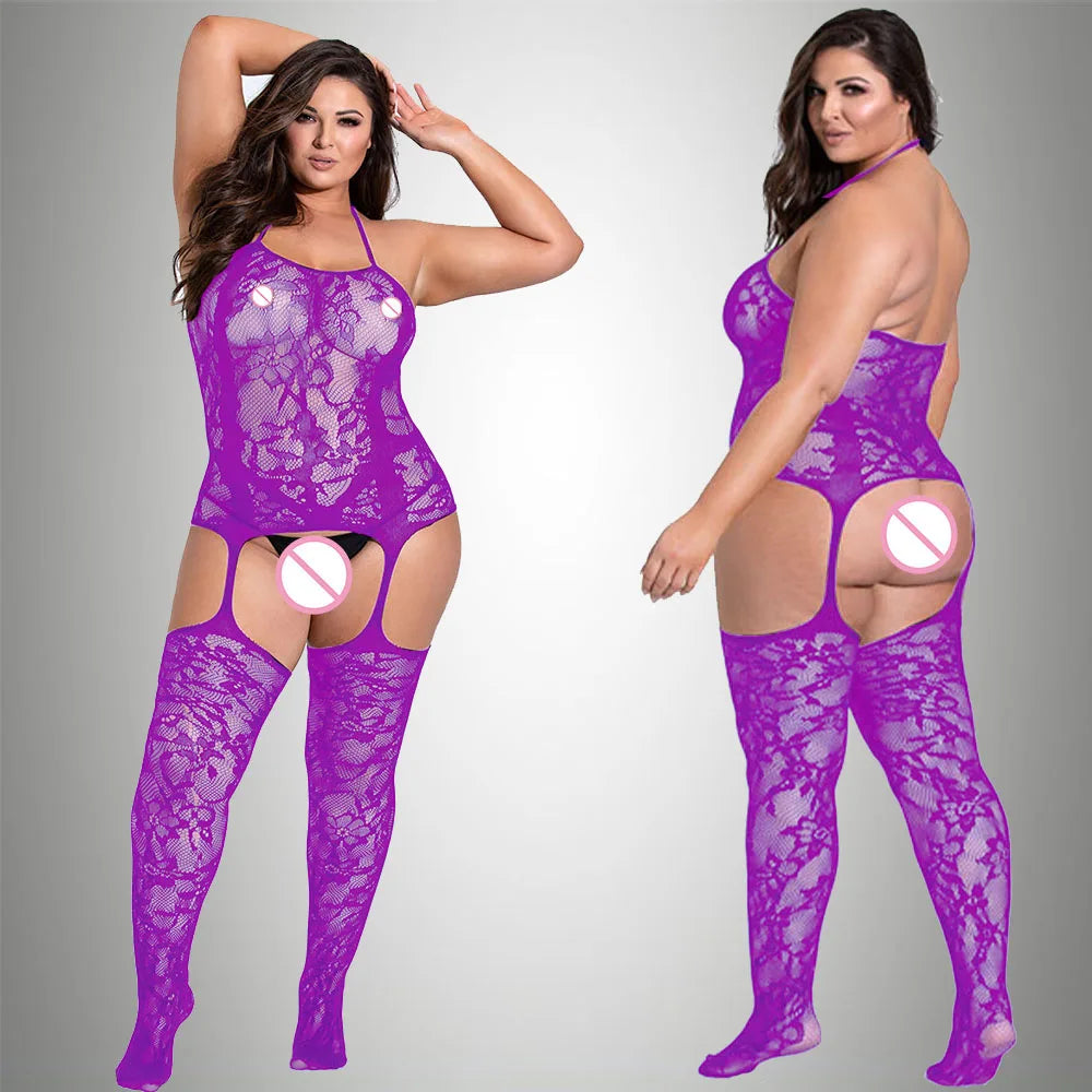 2024 New Plus Size Bodystocking Bodysuits For Women Sexy Fishnet Lingerie Babydoll Dress Porno Underwear Mesh Stockings For Sex Purple Bodystocking One Size