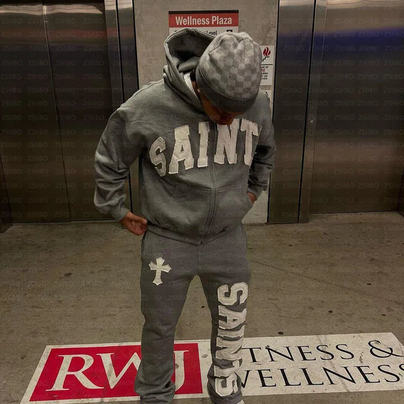 Y2K New European and American Fashion High Street Trendy Sweatshirts Hip Hop Zipper Jacket for Men Letter Patch Loose Hoodies