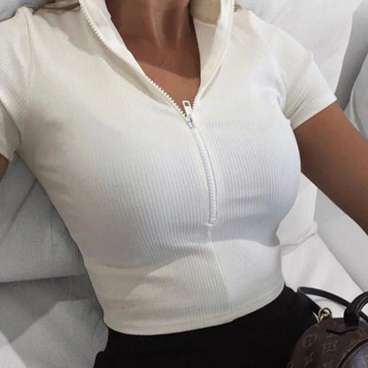 Women's Clothing New Stand-Up Collar Zipper Short-Sleeved T-Shirt Girls Chest Revealing Navel Slim Tight Sexy Comfortable Sports White