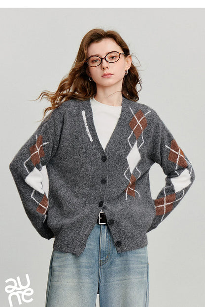 TOYOUTH Women Knitted Sweater 2025 Autumn New Grid Pattern V Neck Single Breasted Button Knitted Cardigan Coat Gray