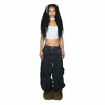 Y2K Fashion Baggy Jeans Denim Cargo Pants Womens Vintage Multi Pocket High Waist New Harajuku Gothic Wide Trouser Streetwear