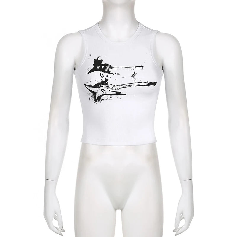 Guitar Print Sleeveless Tank Top Y2K Casual Ribbed Women Grunge Crop Top Harajuku Fashion Vest Tee 90s Street Outfits