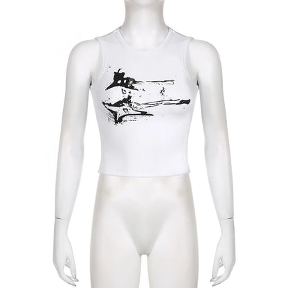 Guitar Print Sleeveless Tank Top Y2K Casual Ribbed Women Grunge Crop Top Harajuku Fashion Vest Tee 90s Street Outfits