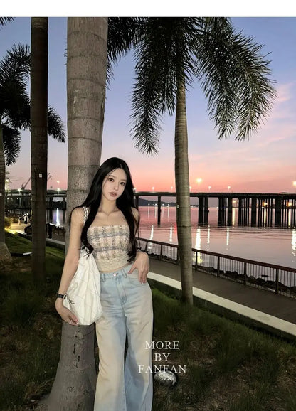 Sexy Camis Plaid Chic tube top Slim Korean Tanks Top Sleeveless Elegant Crop Top Summer Women Bustier