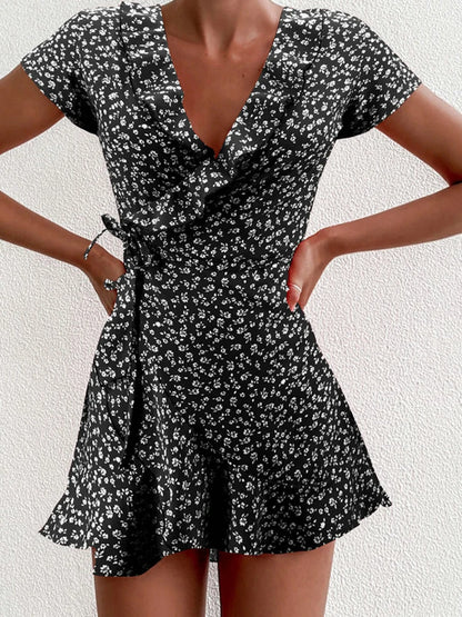 Summer Women’s Floal A-Line Dress Sweet Elegant Floral Ruffles V-neck Bandage Short Dress for Lady Chic Flowers Mini Dress black