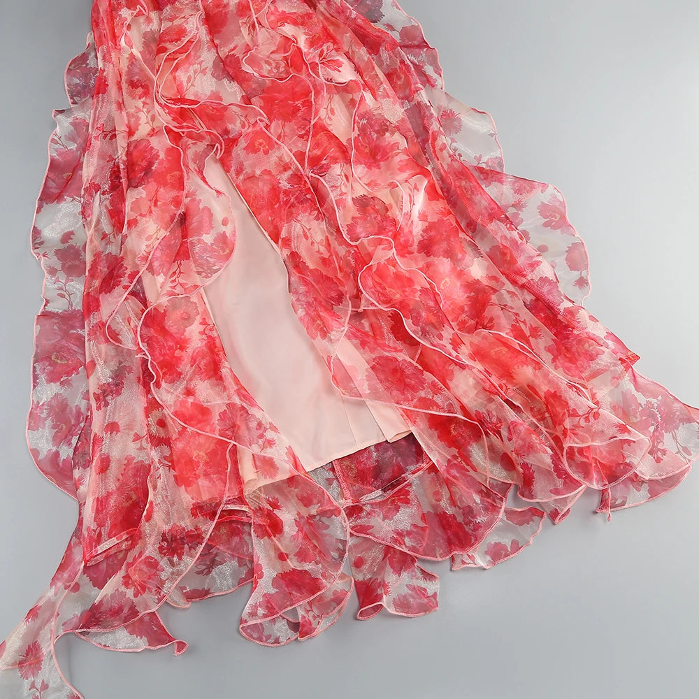 Summer New 2024 Women Sexy V Neck Backless Flower Chiffon Maxi Gowns Dress Split Celebrity Cut Out Beach Maxi Dress