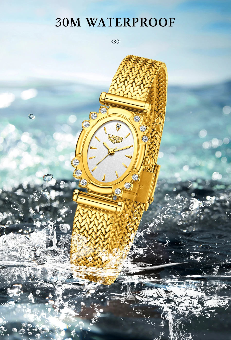 LIGE 2025 New Gold Square Watch For Women Simple Fashion Waterproof Quartz Ladies Watches Ultra-Thin Mesh Women's Bracelet Watch