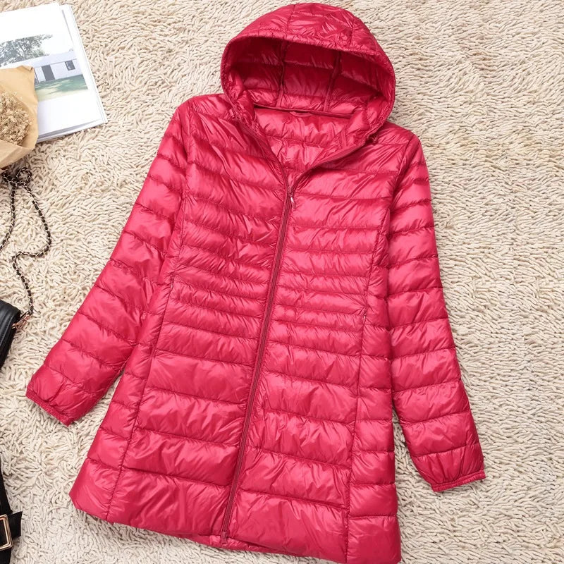 Plus Size 5XL 6XL 7XL Women's Hooded Puffer Jackets 2023 New Arrivals Female Ultra Lightweight Packable Warm Slim Fit Down Coat Big red