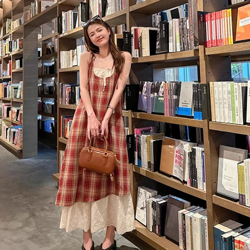 Women Plaid Fake Two Piece Suspender Dress Women Summer Retro Loose Long Lace Patchwork Plaid Sleeveless Dress for Women 2025