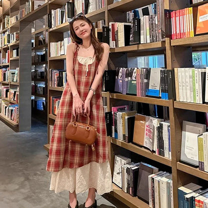 Women Plaid Fake Two Piece Suspender Dress Women Summer Retro Loose Long Lace Patchwork Plaid Sleeveless Dress for Women 2025