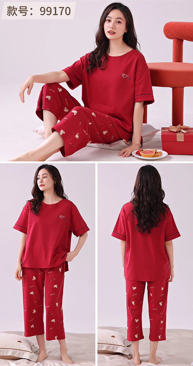 Newest Summer Casual Pajamas Set Women 100% Cotton Sleepwear Female Short Top+Calf-Length Pant Pyjamas