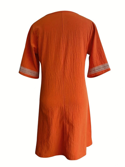 Chic Guipure Lace V-Neck Tunic Dress - Easy-Care, Knee-Length, All- Season Comfort with Stylish Hollow Details Badiee Stylez