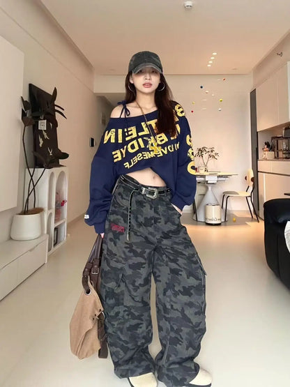 Y2K fashion retro cartoon embroidered women wide-leg jeans casual Harajuku loose pants street personality high-waisted jeans