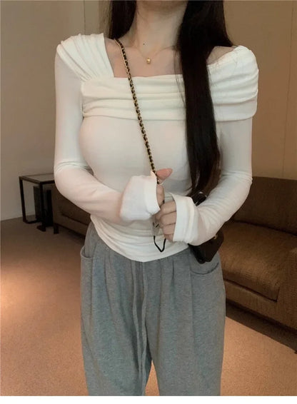 Elegant Off-Shoulder Long Sleeve Knitted Top For Women 2023 Autumn Slimming Smooth Base Layer T-Shirt Polyester Fiber Full Sleev