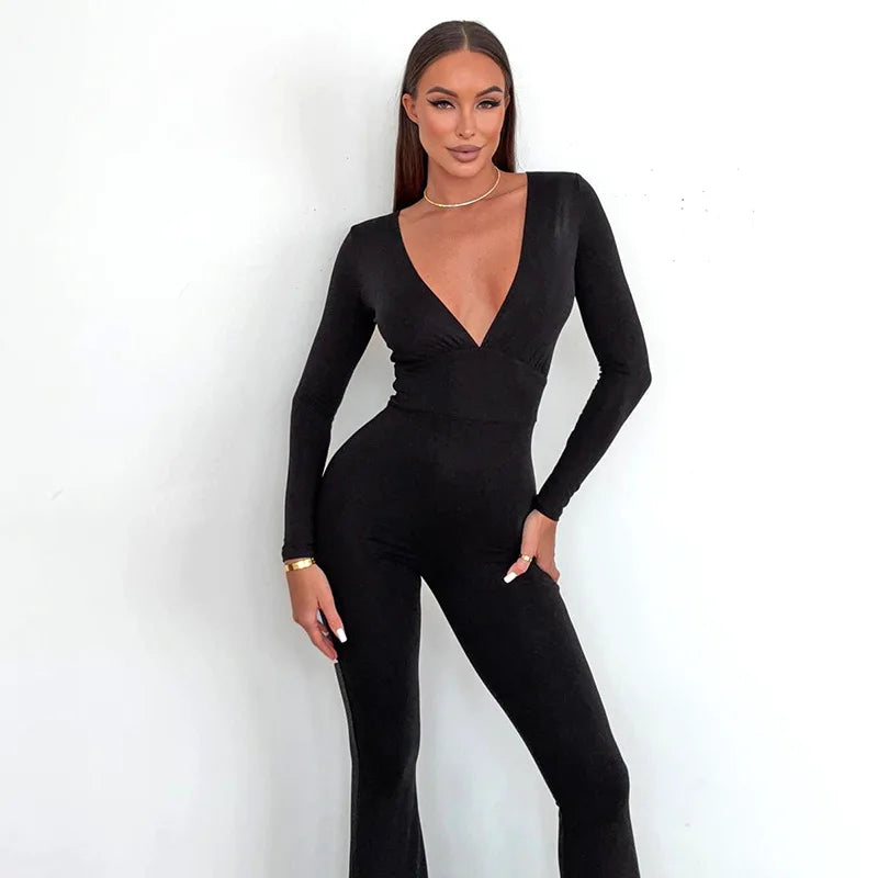 2025 Women Autumn Black Long Sleeve V Neck Jumpsuits Streetwear Bodycon Sexy Sporty Casual Rompers Fashion Overall Body Tops Badiee Stylez