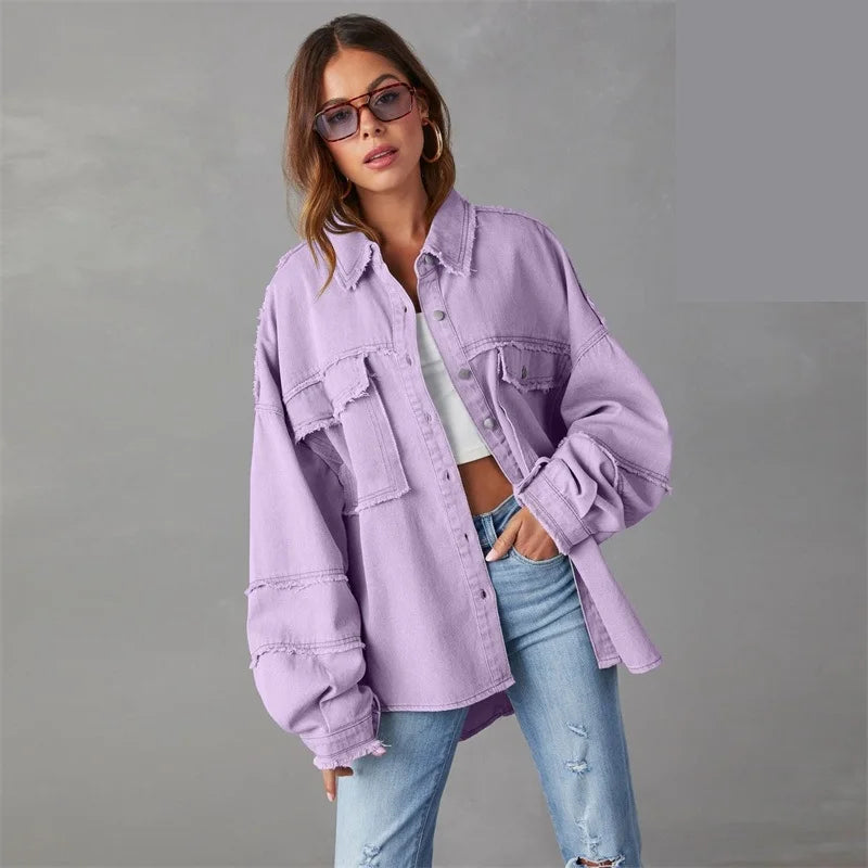 2025 Spring Autumn Shirt Style Denim Jacket Women Holes Raw-edges Jeancoat Casual Tops Female Oversize Loose Outerwear 7 Colors