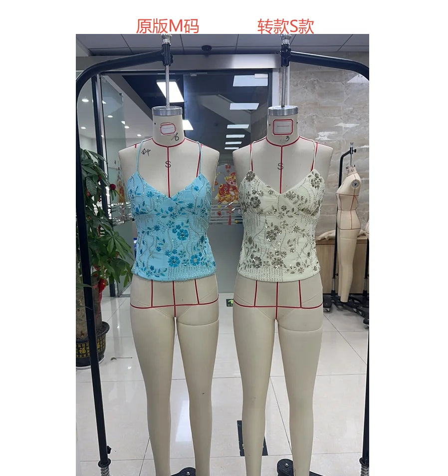 Combhasaki Women Summer Sleeveless Beading Camis Top V-neck Tie-up Cross Backless Pearl Glitter Sequin Flower Embroideried Vest