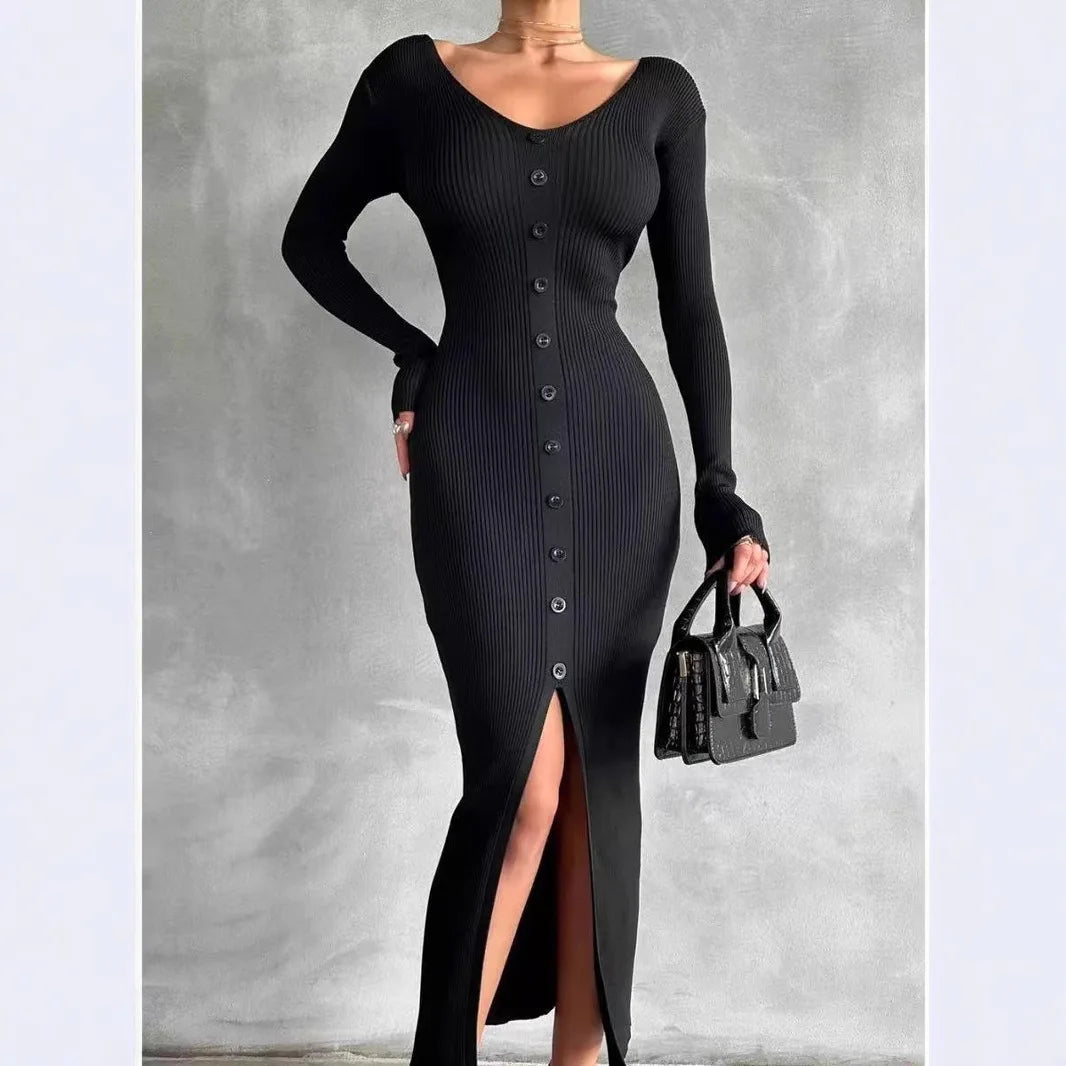 2025 Knitted Dress For Women Vintage Fashion Long Sleeve Dresses Solid Single Breasted V Neck Midi Autumn Winter Dress Скучать Badiee Stylez