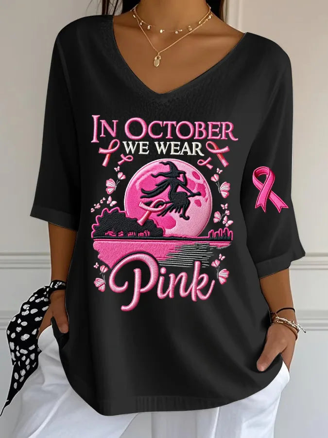 Women's Halloween Graphic Print T-Shirt Pink Ribbon Witch Halloween Costume T-Shirt Gifts Women Fashion Gothic Aesthetic Clothes