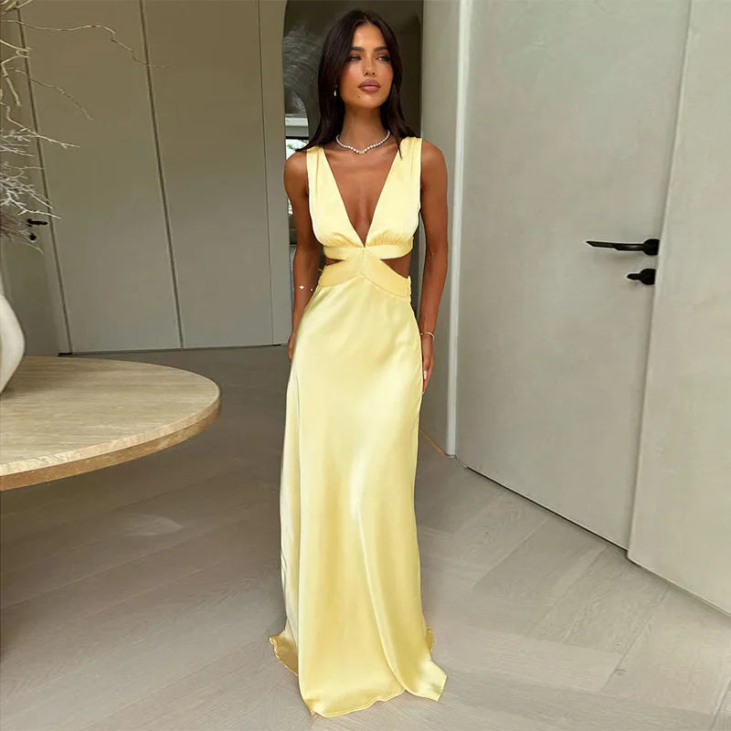 Tornova Deep V neck Hollow Long Dress Female Sleeveless Slit Beach Vacation Dress Solid Color High Waist Bodycon Women's Dress