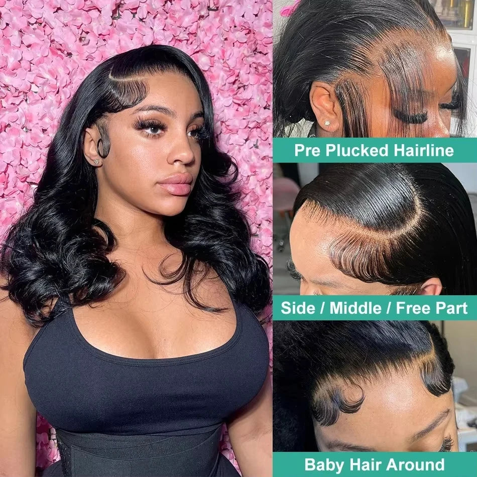 Short Bob Body Wave Wig 13x4 Transpare Lace Front Human Hair wigs for Women 100% Brazilian Remy Hair PrePluck With Baby Hair ﻿