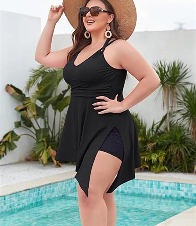 Women Plus Size Swimwear Two Piece Black Tankini Swimdress V Neck Halter Floral Asymmetrical Hem Skirted Swimsuits with Boyshort