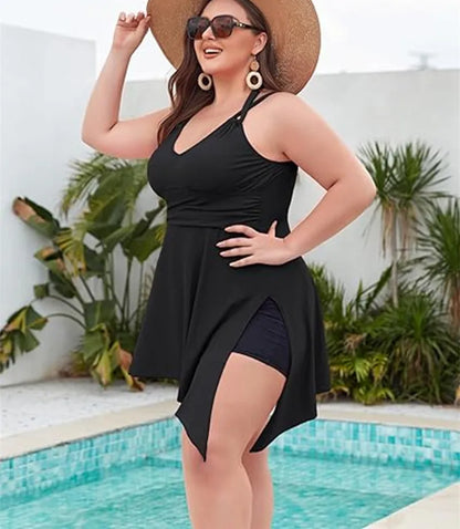 Women Plus Size Swimwear Two Piece Black Tankini Swimdress V Neck Halter Floral Asymmetrical Hem Skirted Swimsuits with Boyshort