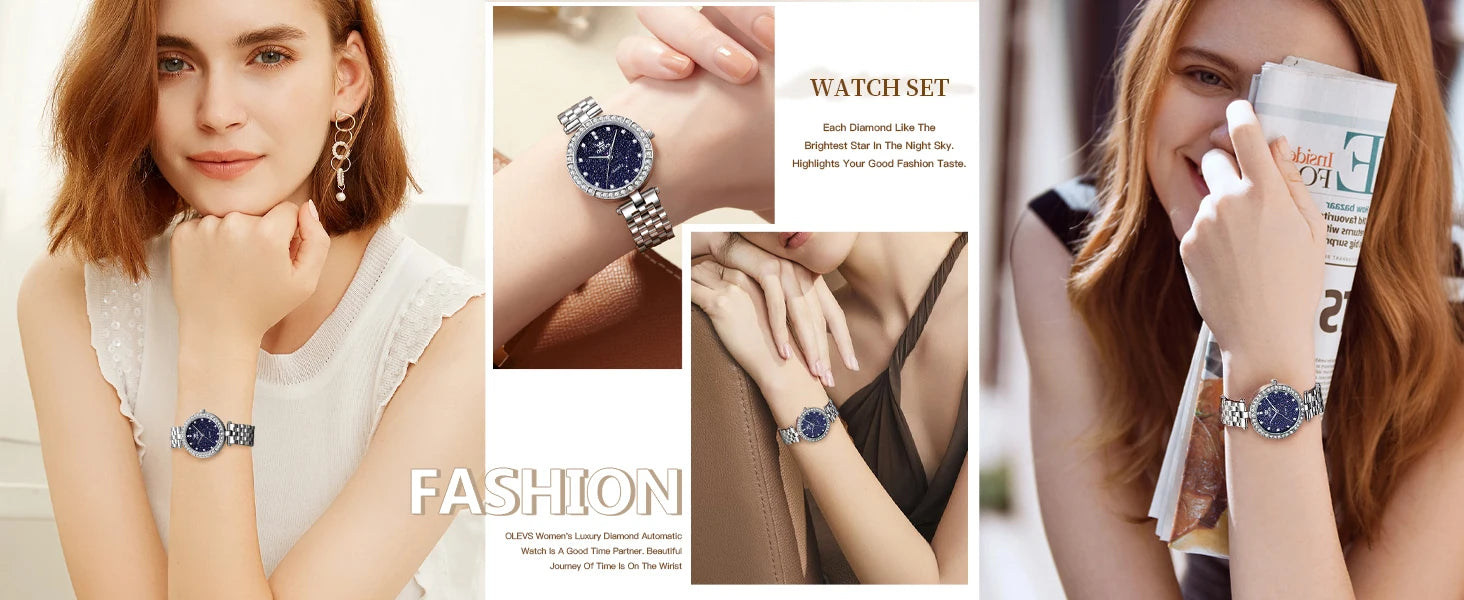 OLEVS 3641 Women Watch Elegant Quartz Watch Starry Dial Waterproof Luminous Diamond Bezel Ladies Watch Bracelet Set Ladies' Gift